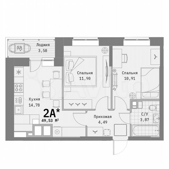 2-к. квартира, 49,5 м², 1/9 эт.