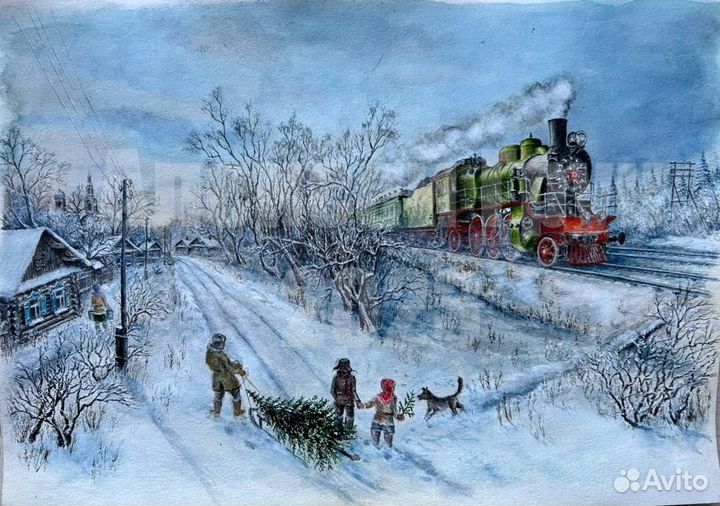 Картина ретро паровоз акварель