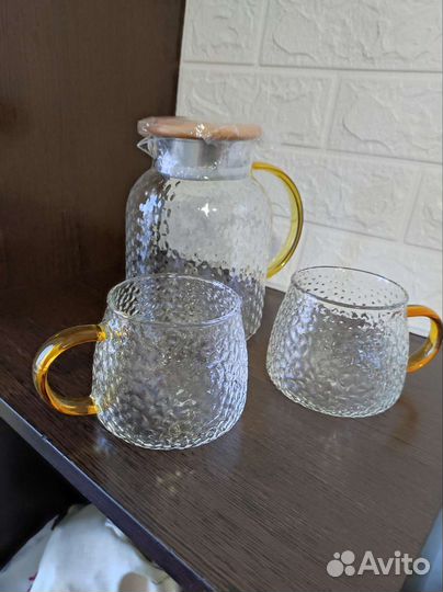 Стеклянный фактурный чайник-кувшин и кружки набор