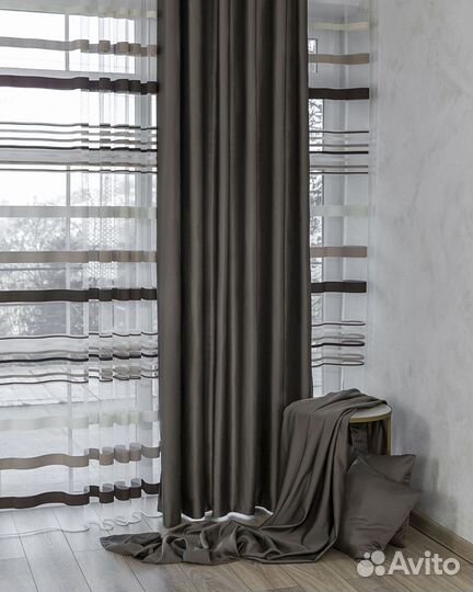 Комплект Шторы + Тюль Адора Мускат и Полоска