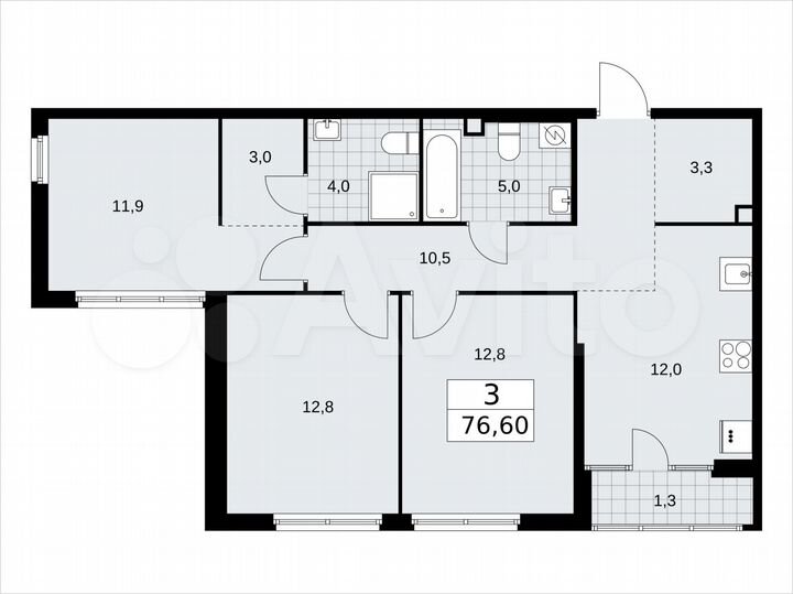 3-к. квартира, 76,6 м², 2/16 эт.