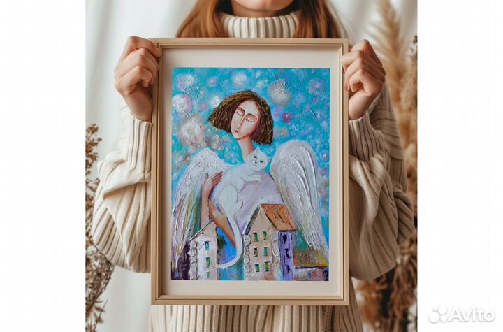 Картина Ангел с белым котом город маслом 40х30 см