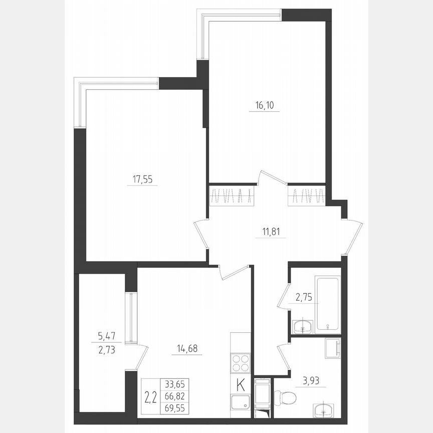 2-к. квартира, 69,6 м², 4/8 эт.