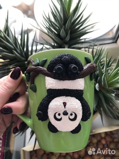 Кружка, декорированная полимерной глиной «панда»