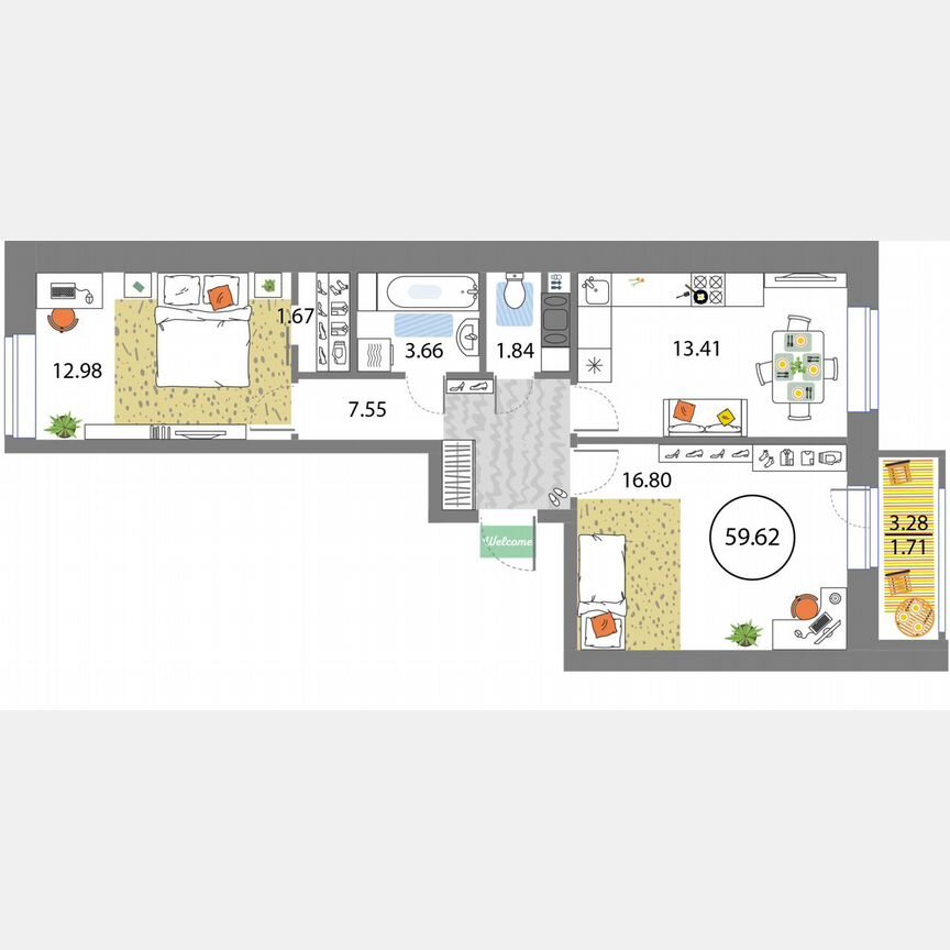 2-к. квартира, 59,6 м², 4/12 эт.
