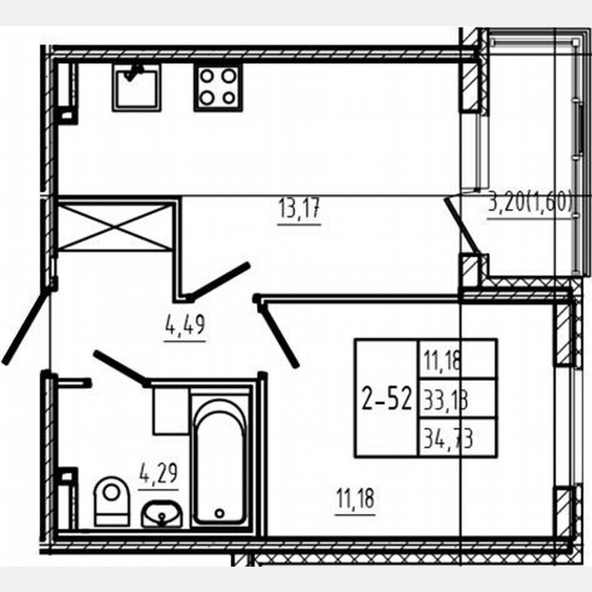 1-к. квартира, 33,4 м², 2/4 эт.