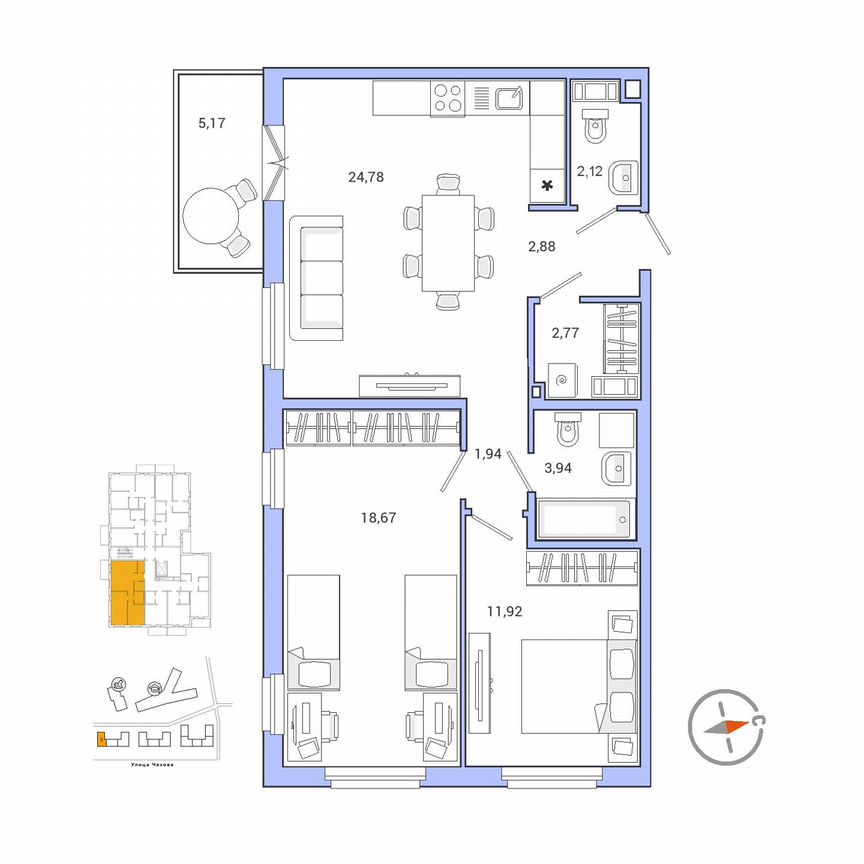2-к. квартира, 70,7 м², 4/9 эт.