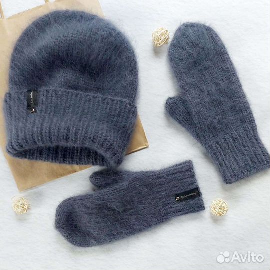 Шапка, варежки, Пух Норки. ручная работа