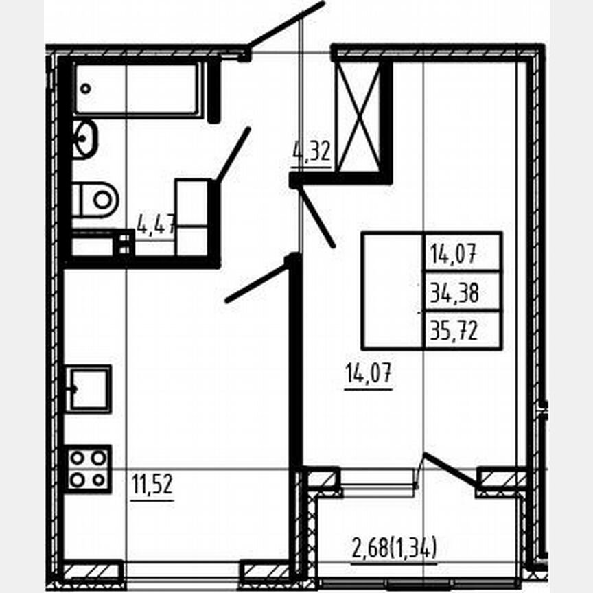 1-к. квартира, 34,4 м², 3/4 эт.