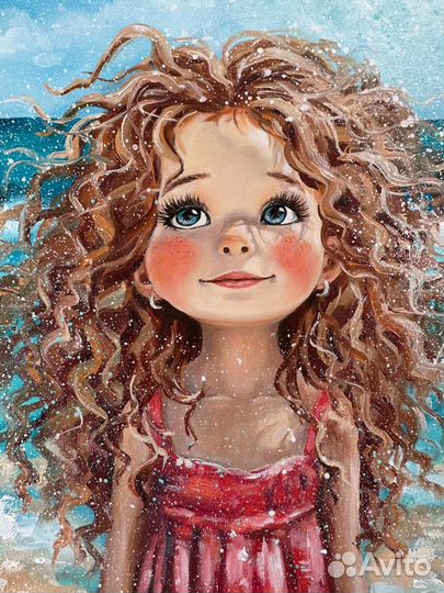 Картина маслом Девочка и море Картина в рамке