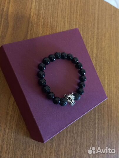 Мужской браслет из чёрного агата с гепардом