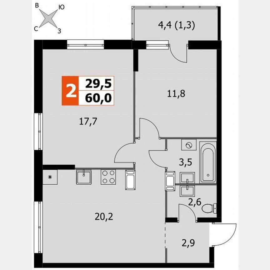 2-к. квартира, 60 м², 22/24 эт.