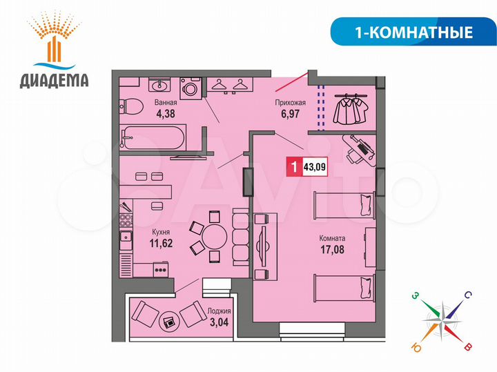 1-к. квартира, 43,1 м², 2/22 эт.