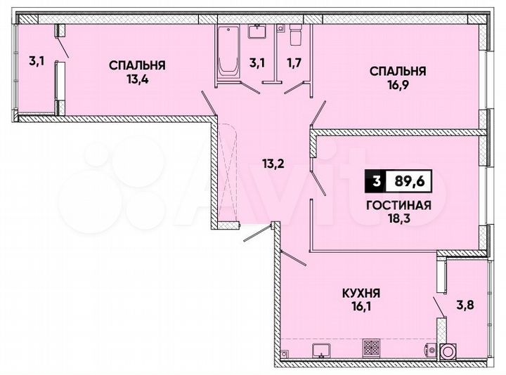 3-к. квартира, 90 м², 2/16 эт.