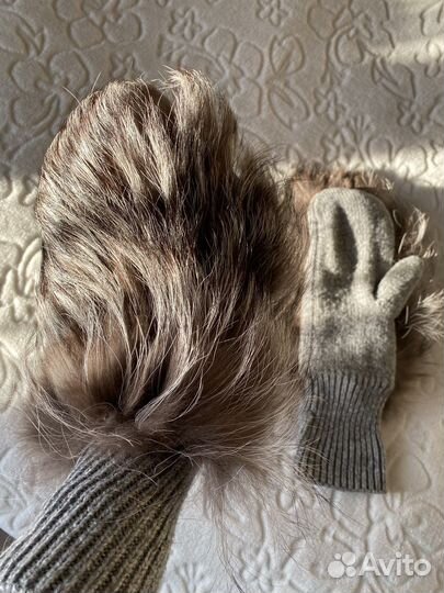 Варежки рукавички с натуральным мехом песца