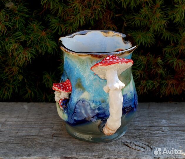Большая Кружка с декором Грибы Ручная работа