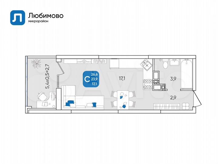 Квартира-студия, 26,6 м², 11/24 эт.
