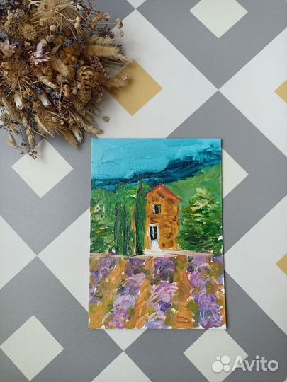 Картина маслом Лавандовые поля с домиком летом