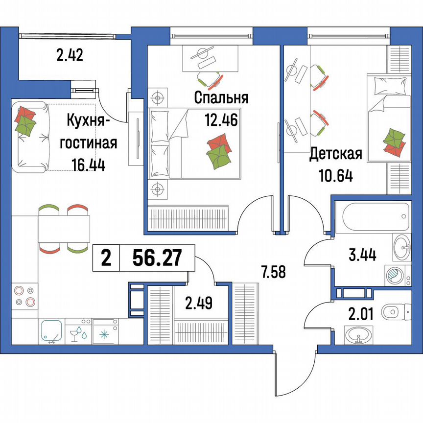 2-к. квартира, 56,3 м², 10/16 эт.