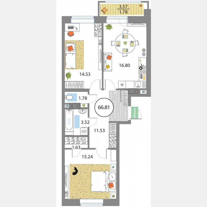 2-к. квартира, 66,8 м², 8/12 эт.