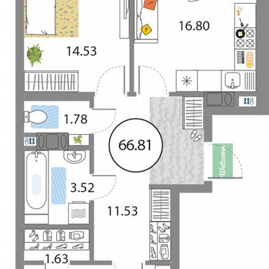 2-к. квартира, 66,8 м², 8/12 эт.