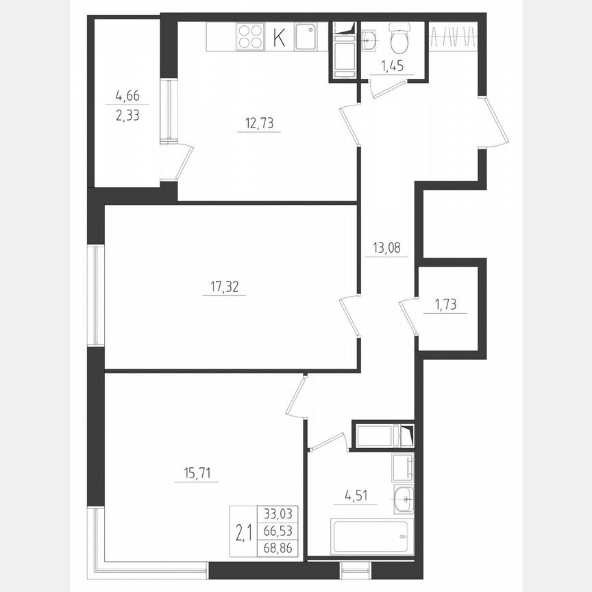 2-к. квартира, 68,9 м², 4/8 эт.