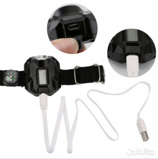 Фонарик наручный компас, часы, USB