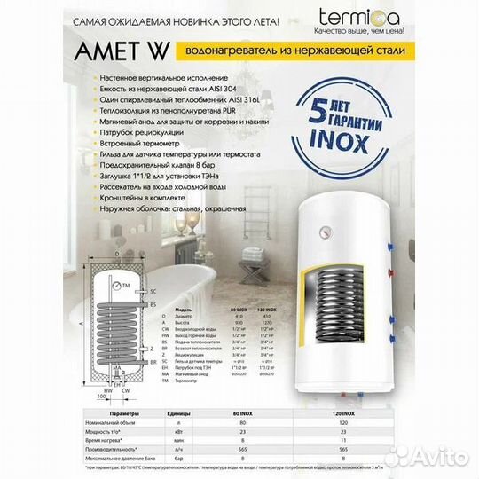 Бойлер косвенного нагрева amet 120 inox настенный