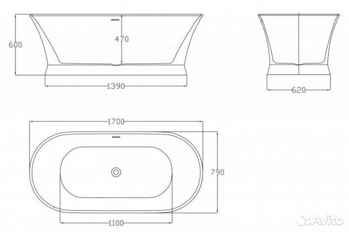 Ванна отдельностоящая акриловая BelBagno BB402, размер 170х79х60 см