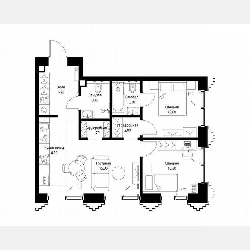 3-к. квартира, 58,8 м², 5/59 эт.