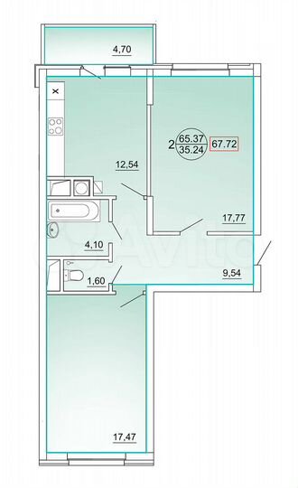 2-к. квартира, 68 м², 6/12 эт.