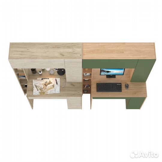 Два стола с надстройкой Mobi Комфорт 12.71 цвет кр.серый/шёлк.камень/гикори/дым.зеленый