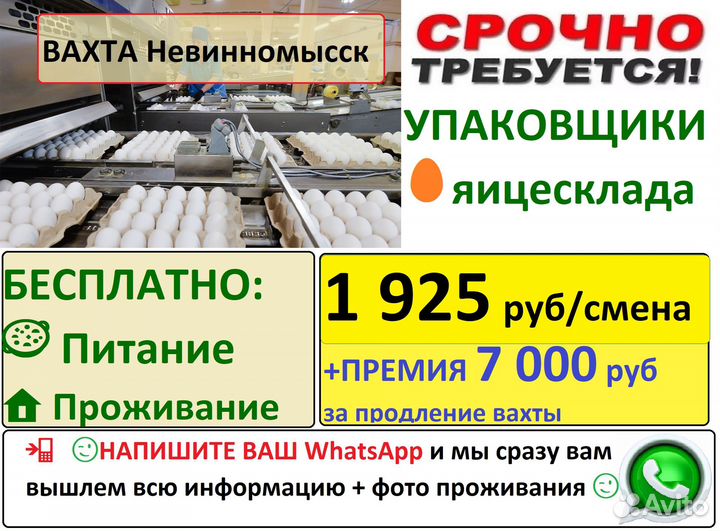 Невинномысск Упаковщик яиц вахта с питанием