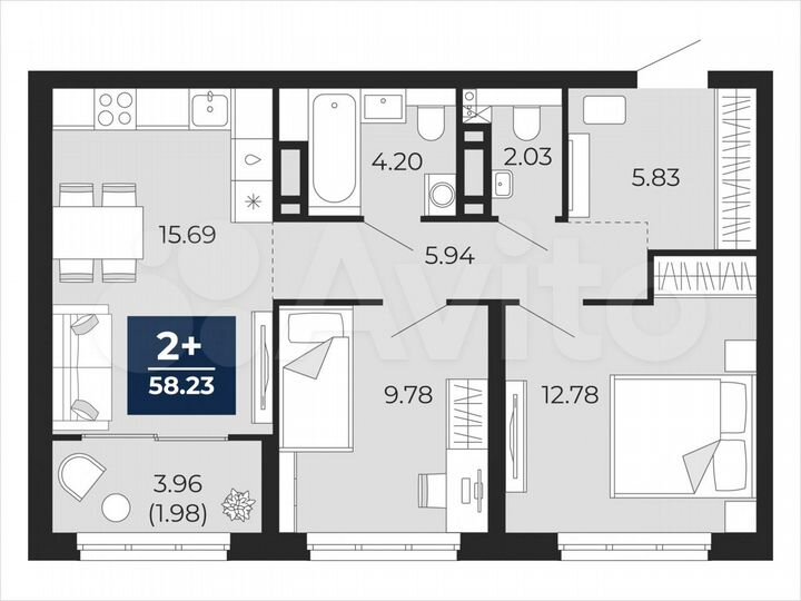 2-к. квартира, 58,2 м², 2/21 эт.