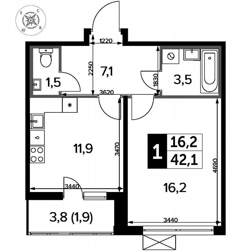 1-к. квартира, 42,1 м², 5/13 эт.