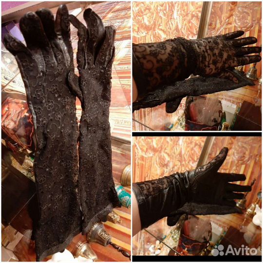Перчатки длинные стильные кружево, кожа
