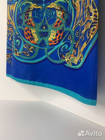 Платок Hermes/Эрмес,130х130,принт птицы синий
