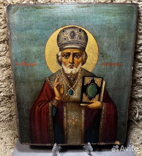 Старинная икона Николай Чудотворец 19в 31*25