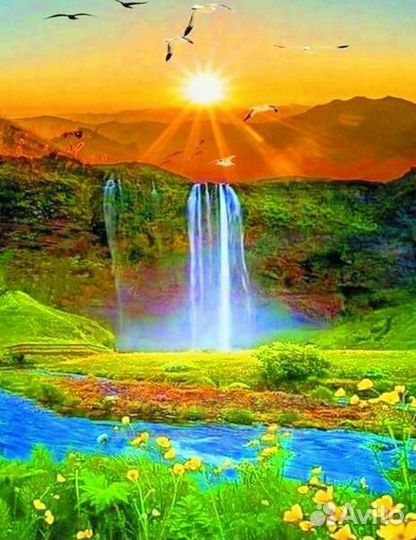 Алмазная мозаика 40x50 Водопад в лучах заходящего