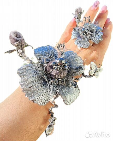 Кулон-брошь и кольцо Маки:кутюрная вышивка,самоцве