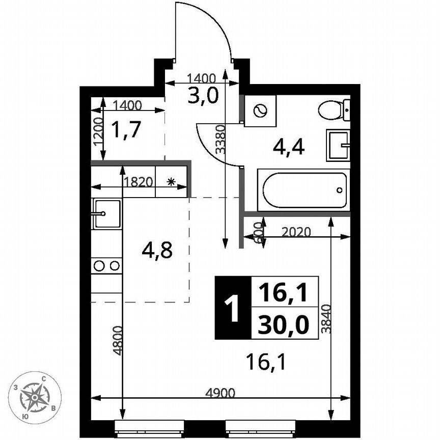 Квартира-студия, 30 м², 2/15 эт.