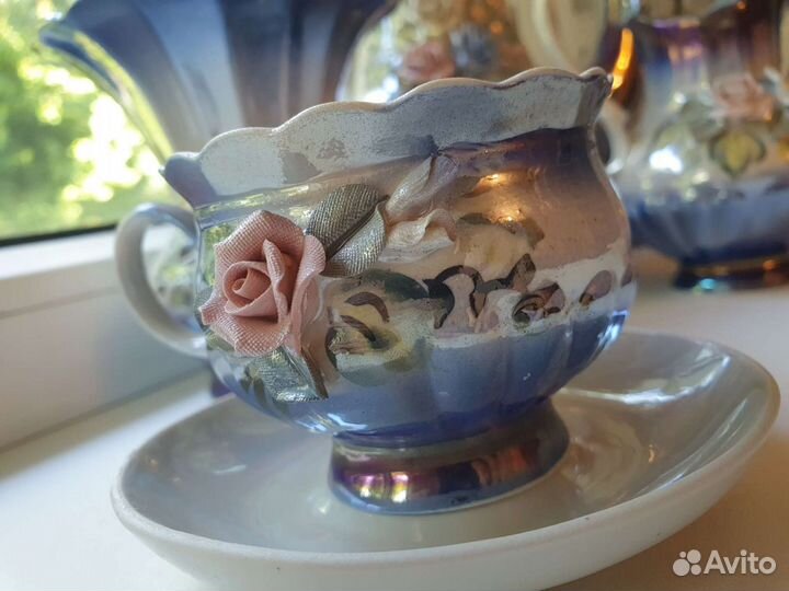 Чайный форфоровый сервиз, синий перламутр с розами