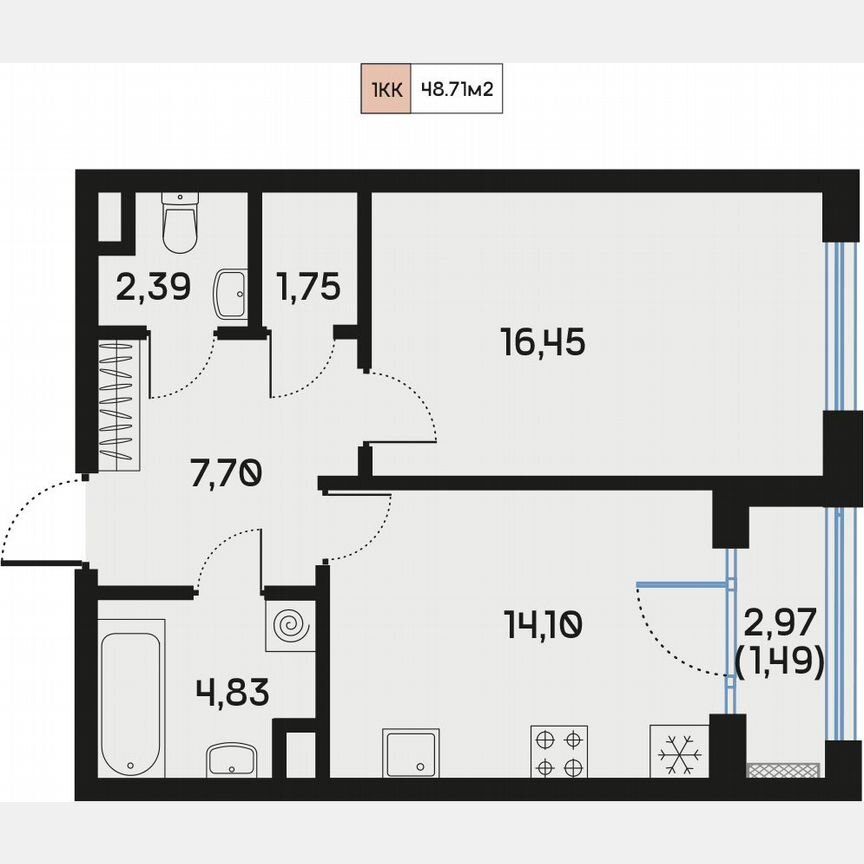 1-к. квартира, 48,8 м², 3/9 эт.