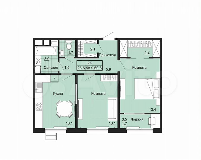 2-к. квартира, 60,6 м², 8/12 эт.