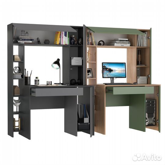 Два больших компьютерных стола Mobi Комфорт 12.71 цвет антрацит/серый/гикори/дым.зелёный