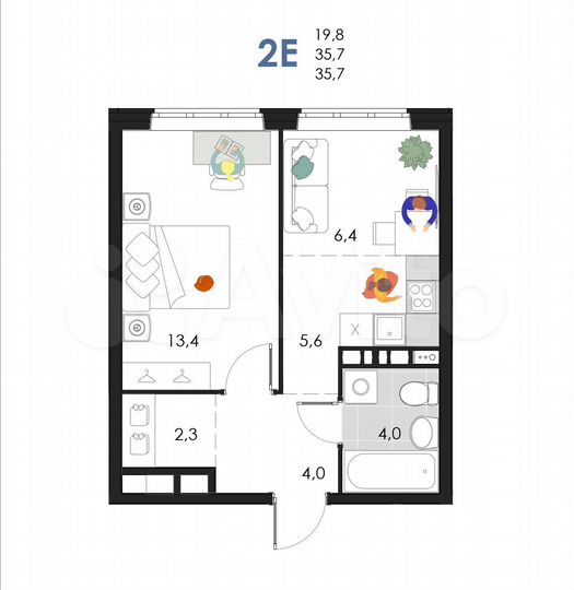 2-к. квартира, 35,7 м², 4/6 эт.