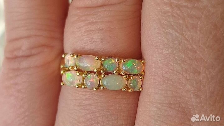 Кольцо с природными опалами, 17,5разм, 925/585