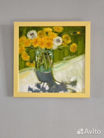 Картина маслом одуванчики в банке 30*30 см