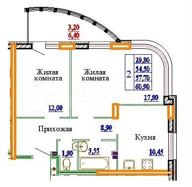 2-к. квартира, 60,9 м², 1/11 эт.