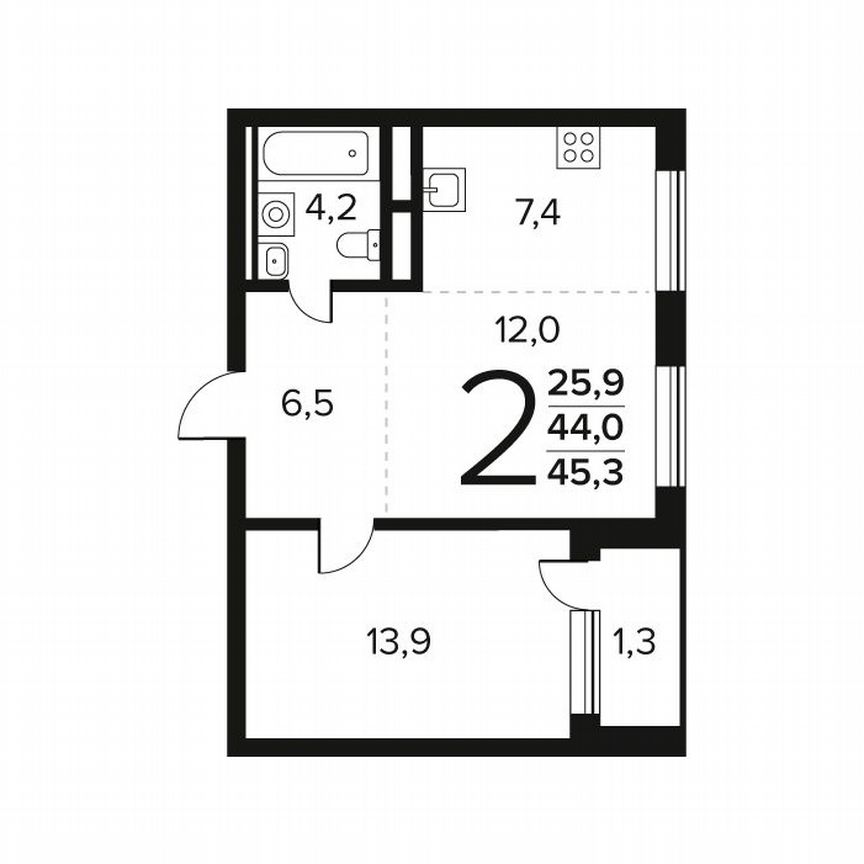 2-к. квартира, 45,3 м², 6/12 эт.